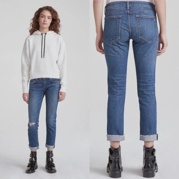 NWOT Rag & Bone Dre Slim Boyfriend Jean Java Blue w/Holes Raw Hem Distressed - Picture 1 of 11